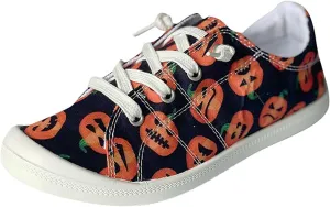 Women's Canvas Shoes,Halloween Pumpkin Ghost Print Flat Sports Shoes for Women Breathable Women's Shoes