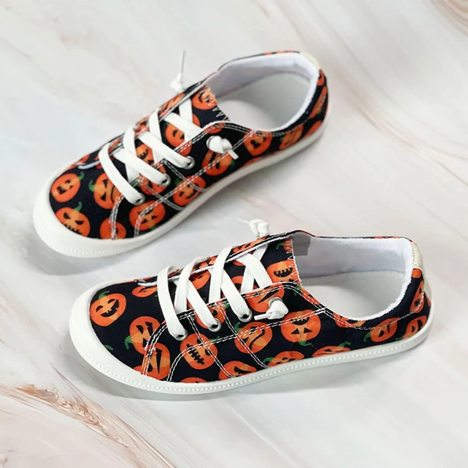 Women's Canvas Shoes,Halloween Pumpkin Ghost Print Flat Sports Shoes for Women Breathable Women's Shoes