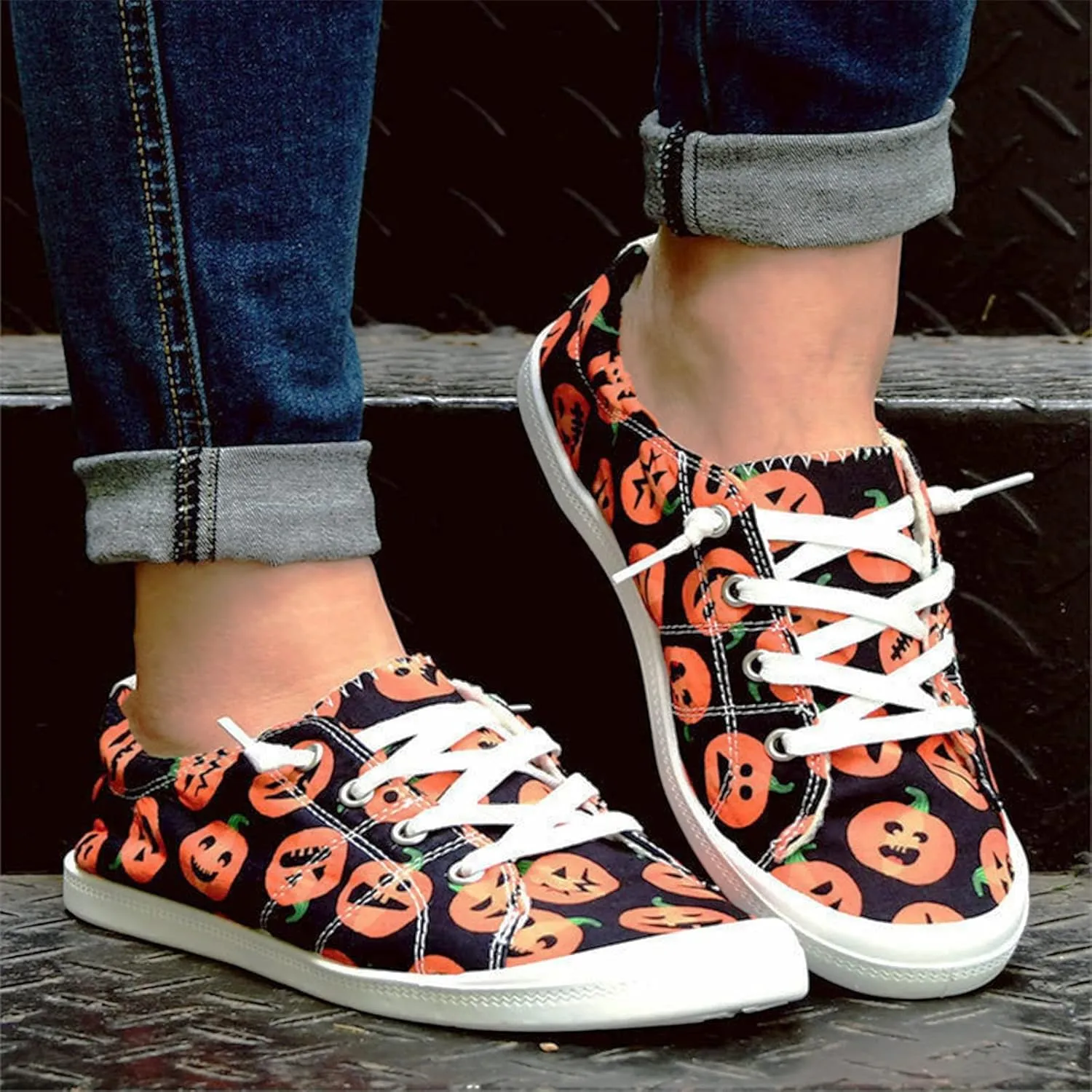Women's Canvas Shoes,Halloween Pumpkin Ghost Print Flat Sports Shoes for Women Breathable Women's Shoes