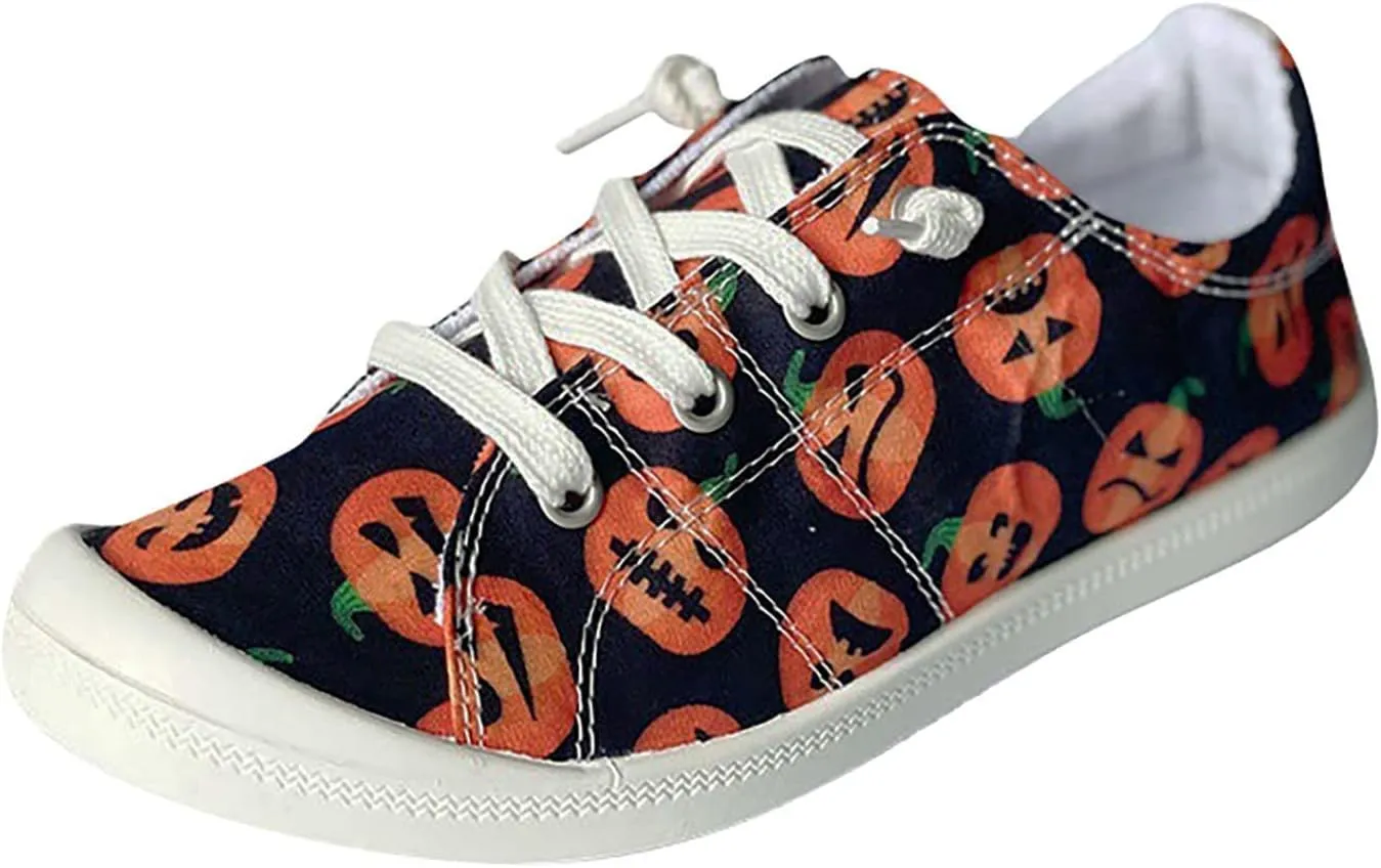 Women's Canvas Shoes,Halloween Pumpkin Ghost Print Flat Sports Shoes for Women Breathable Women's Shoes