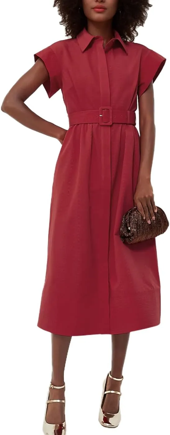 Women's Casual Button Shirt Dresses Short Sleeve Business Long Dresses Elegant Trench Coat with Pockets