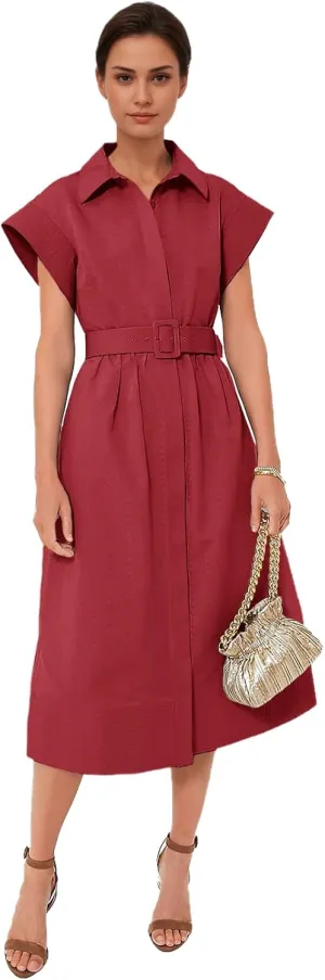 Women's Casual Button Shirt Dresses Short Sleeve Business Long Dresses Elegant Trench Coat with Pockets