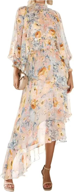 Women's Charm Floral Print High Neck Asymmetrical Hem Maxi Dress Summer Elegant Long Sleeve Tiered Vacation Long Dress