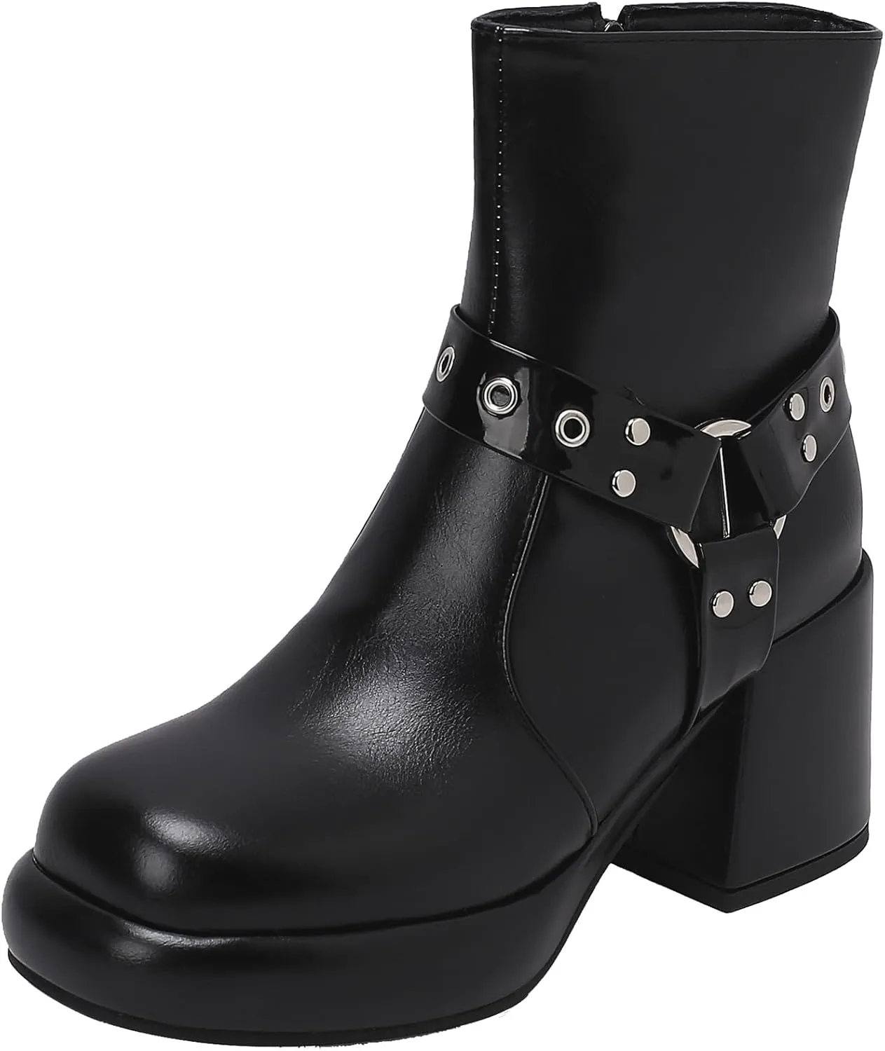 Women's Chunky Heel Boots Platform Ankle Boots Zipper Round Toe Combat Boots