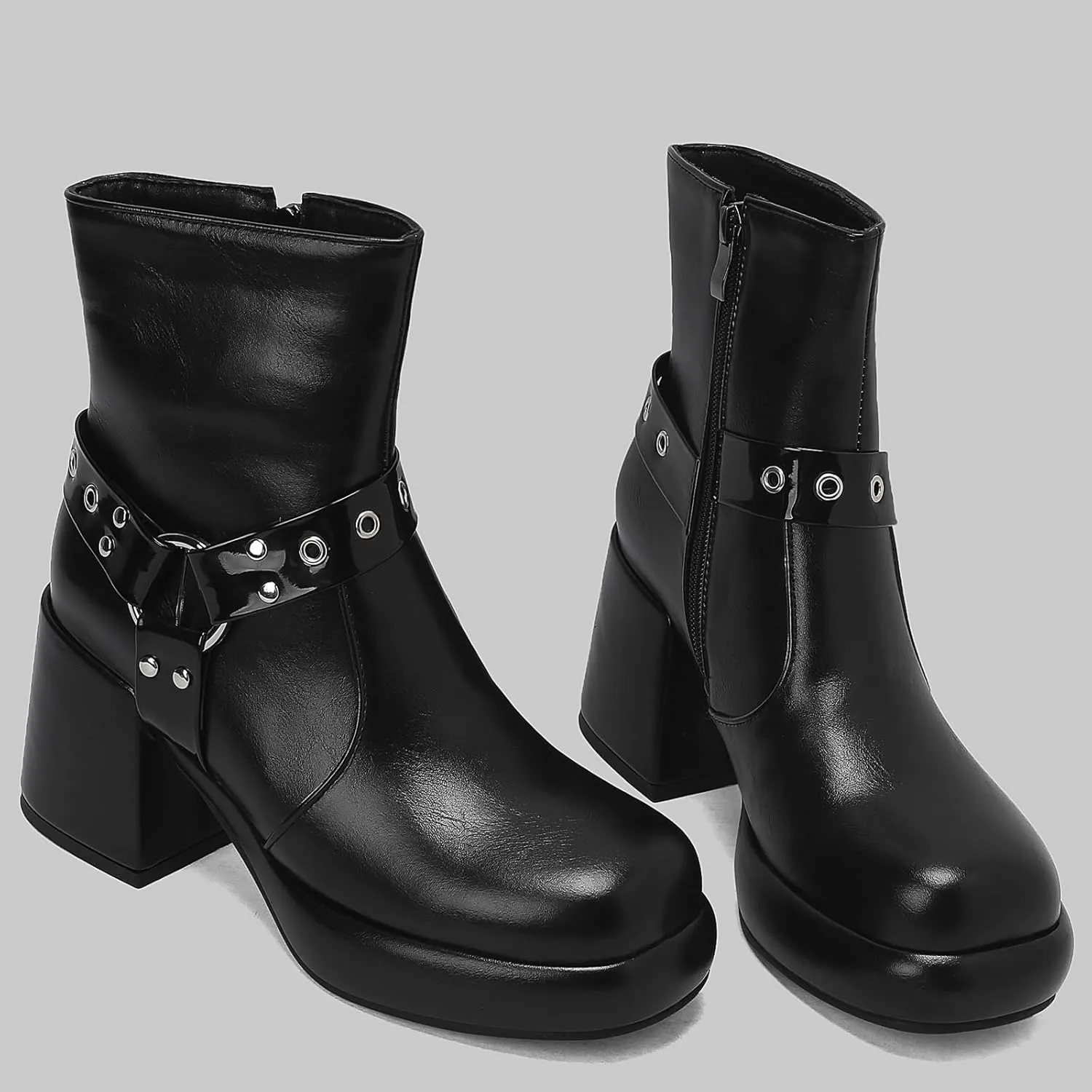 Women's Chunky Heel Boots Platform Ankle Boots Zipper Round Toe Combat Boots