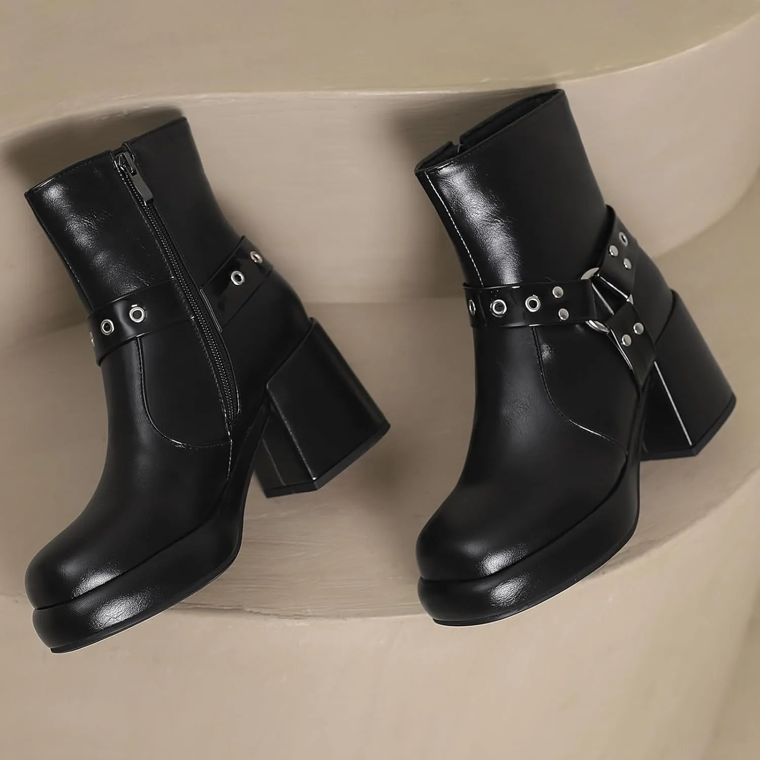 Women's Chunky Heel Boots Platform Ankle Boots Zipper Round Toe Combat Boots