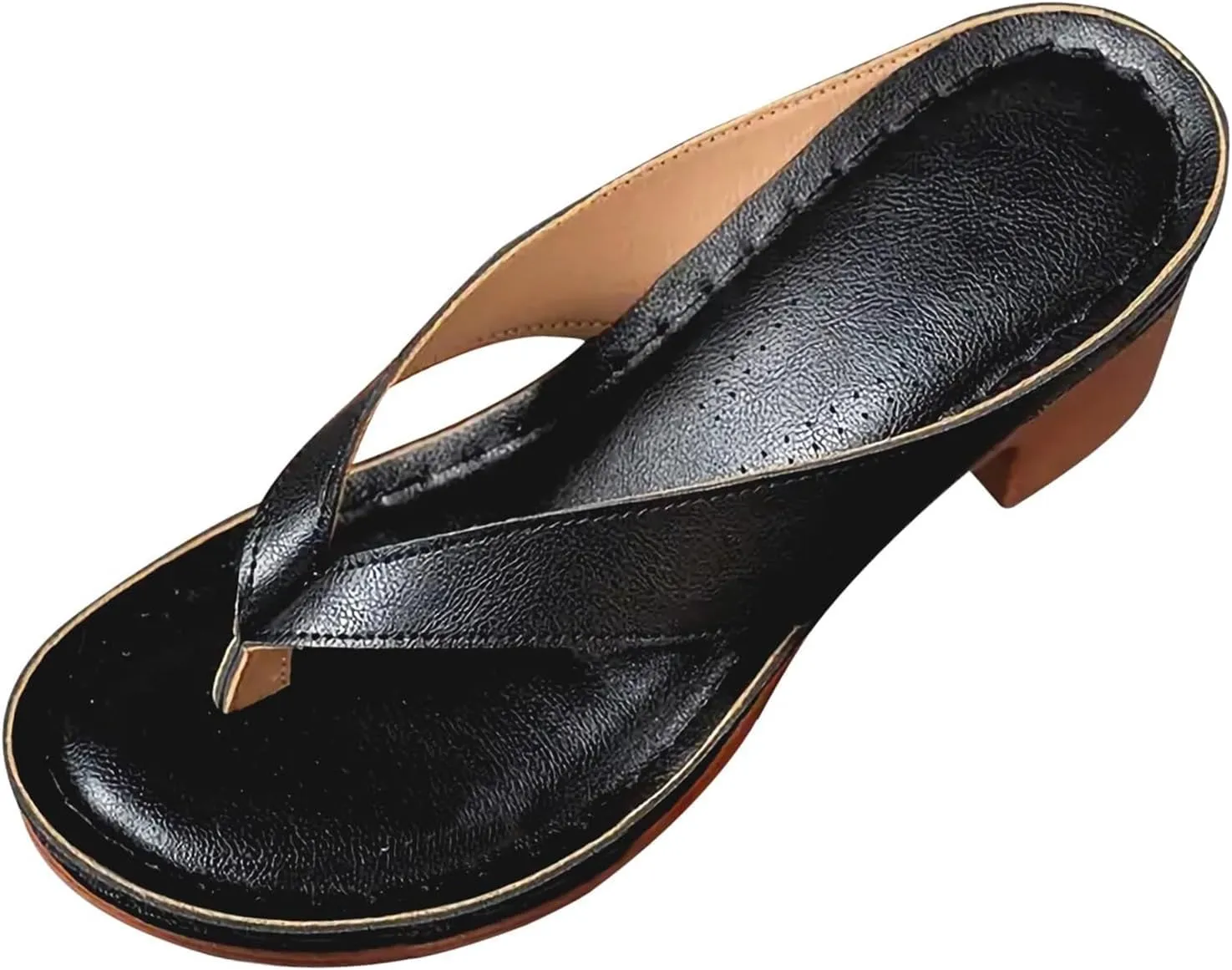 Women's Chunky Heel Sandals Solid Color Flip Flops Comfortable Heeled Mules Slip On Open Toe Shoes Beach Vacation Sandals for Long Walk Casual Shoes