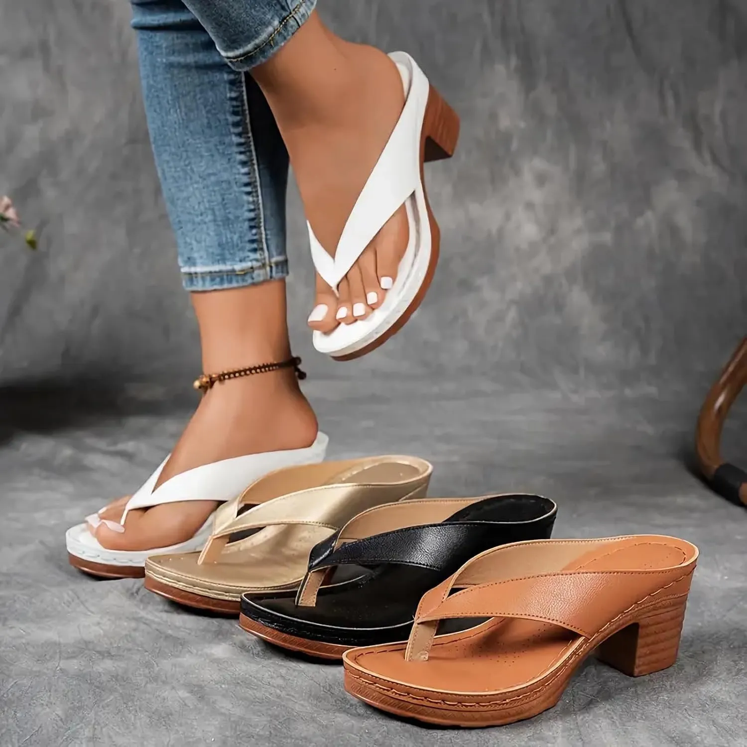 Women's Chunky Heel Sandals Solid Color Flip Flops Comfortable Heeled Mules Slip On Open Toe Shoes Beach Vacation Sandals for Long Walk Casual Shoes