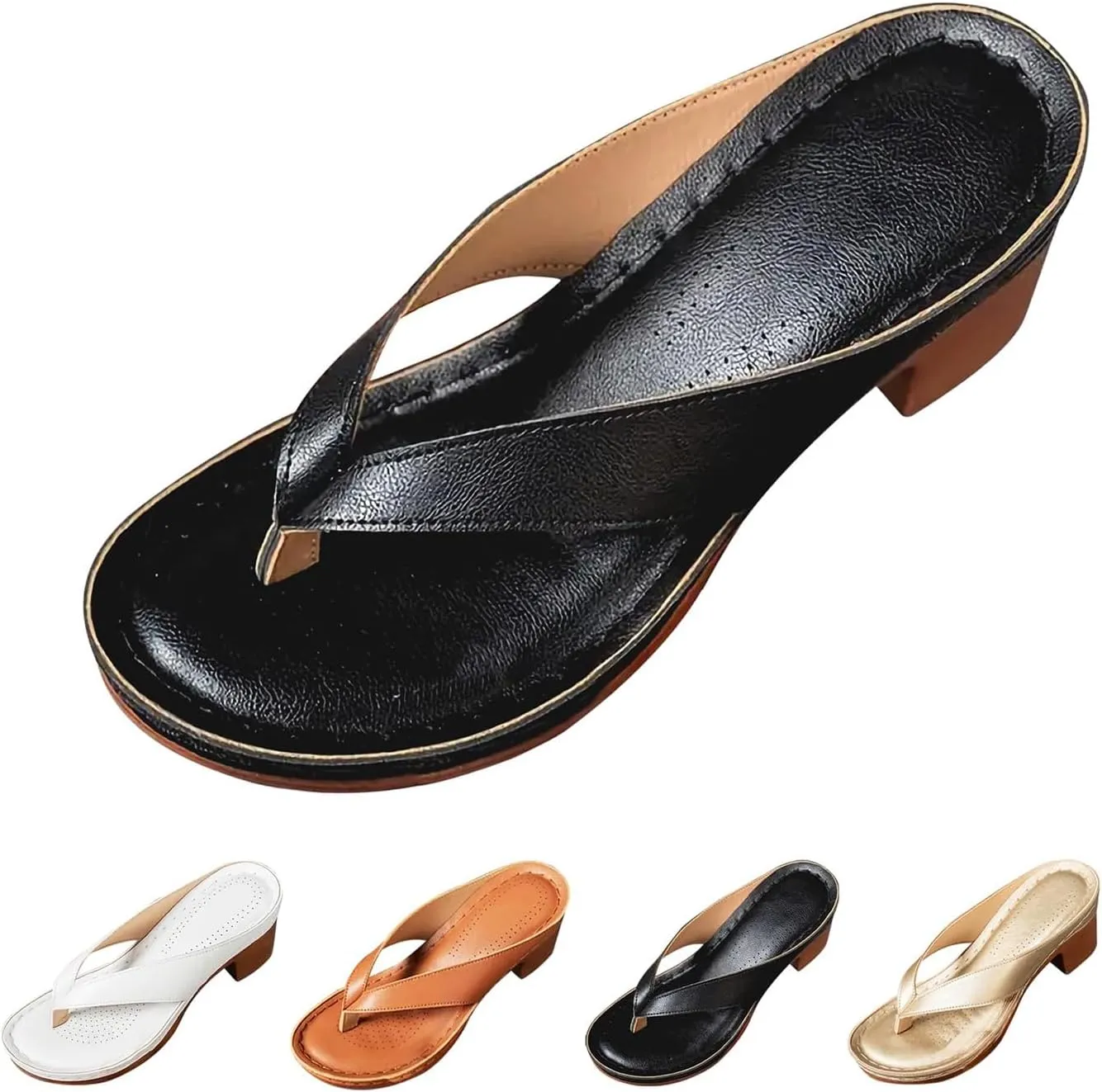 Women's Chunky Heel Sandals Solid Color Flip Flops Comfortable Heeled Mules Slip On Open Toe Shoes Beach Vacation Sandals for Long Walk Casual Shoes