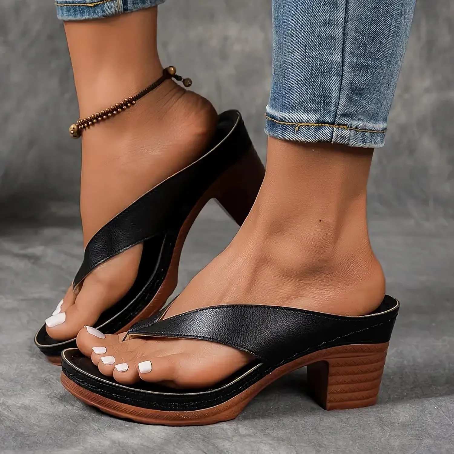 Women's Chunky Heel Sandals Solid Color Flip Flops Comfortable Heeled Mules Slip On Open Toe Shoes Beach Vacation Sandals for Long Walk Casual Shoes