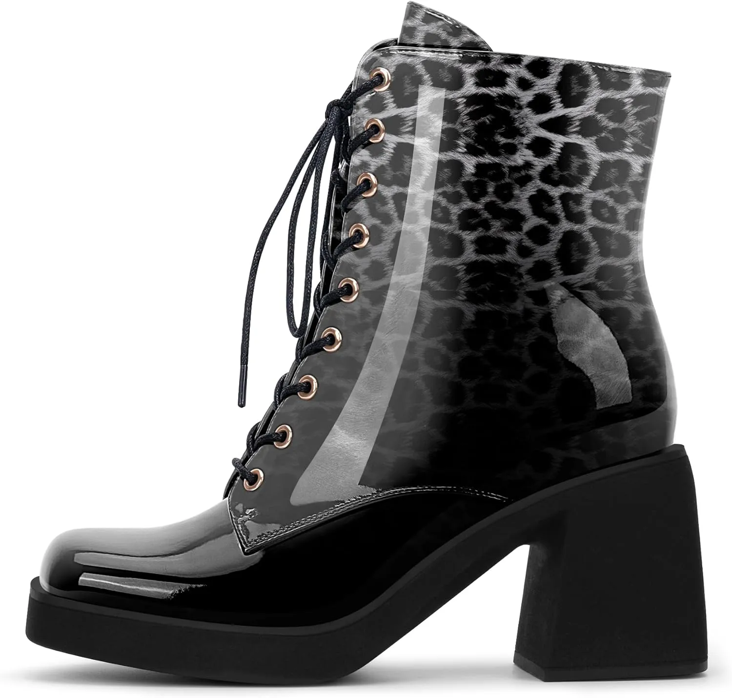 Women's Chunky Heel Square Toe Platform Ankle Boots Lace Up Booties