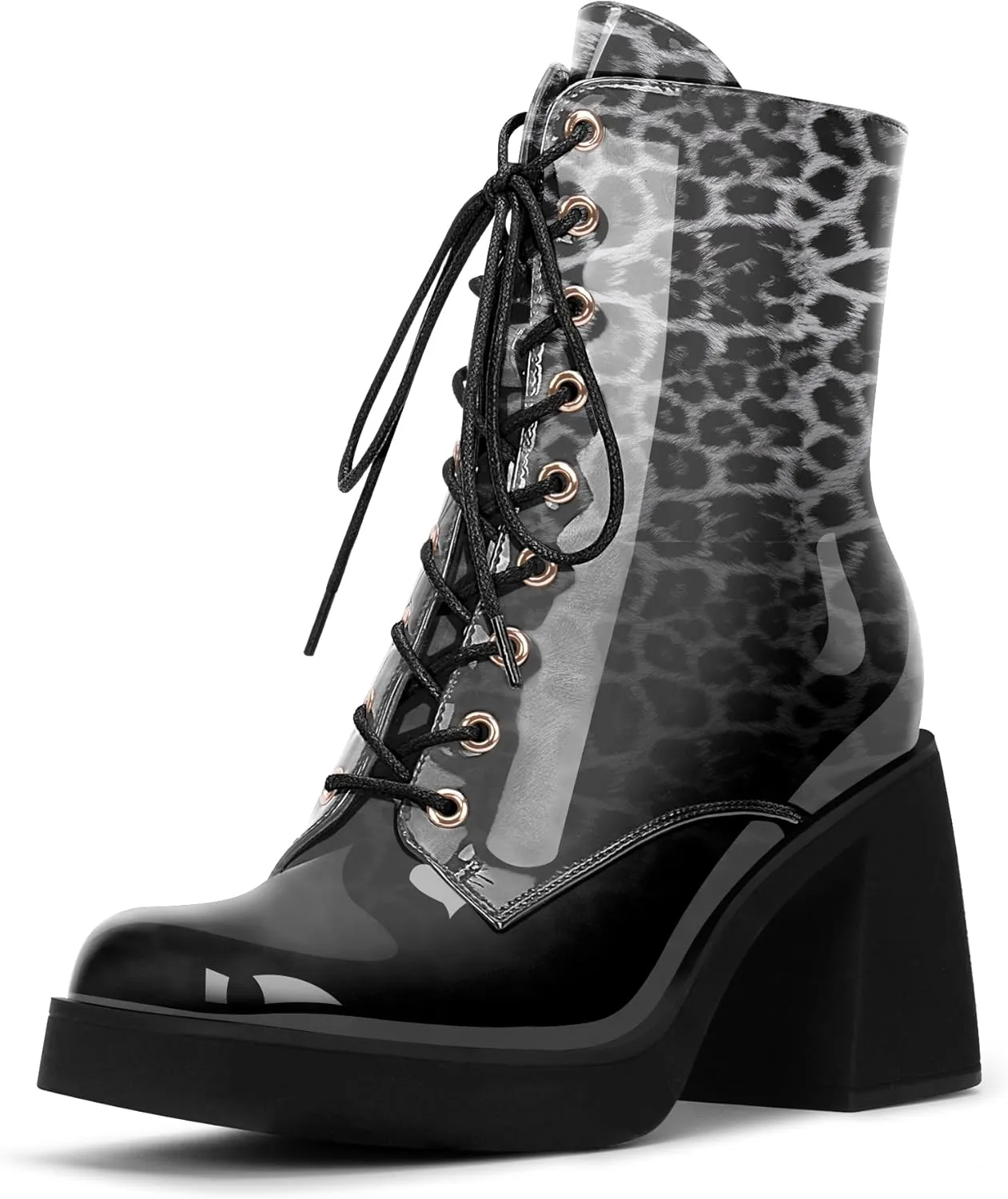 Women's Chunky Heel Square Toe Platform Ankle Boots Lace Up Booties