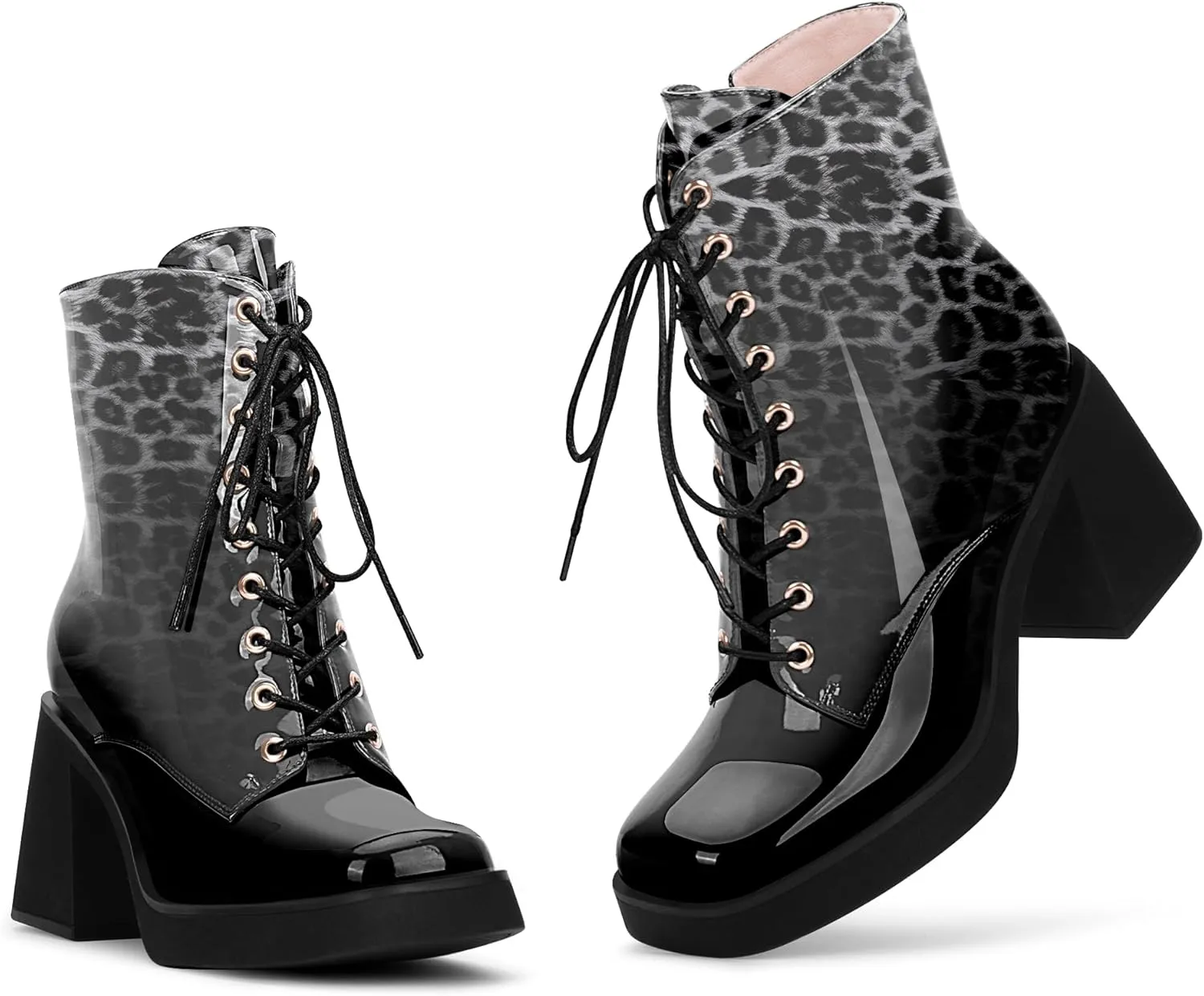 Women's Chunky Heel Square Toe Platform Ankle Boots Lace Up Booties