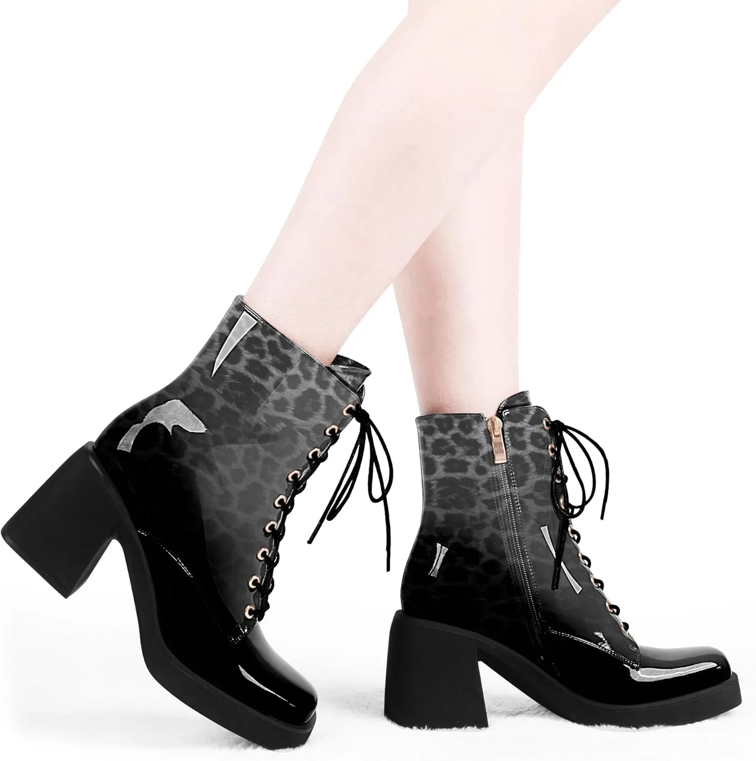 Women's Chunky Heel Square Toe Platform Ankle Boots Lace Up Booties