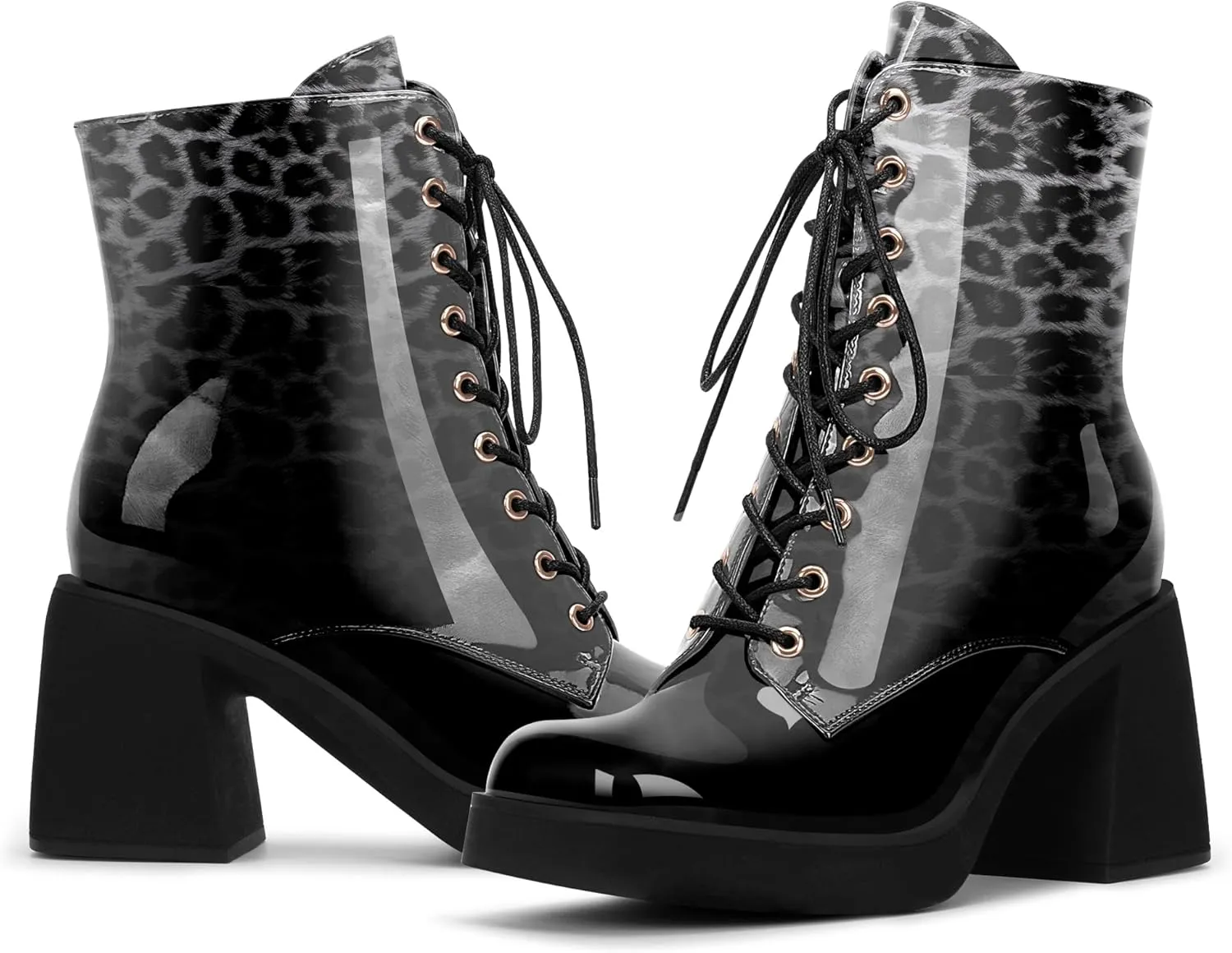 Women's Chunky Heel Square Toe Platform Ankle Boots Lace Up Booties