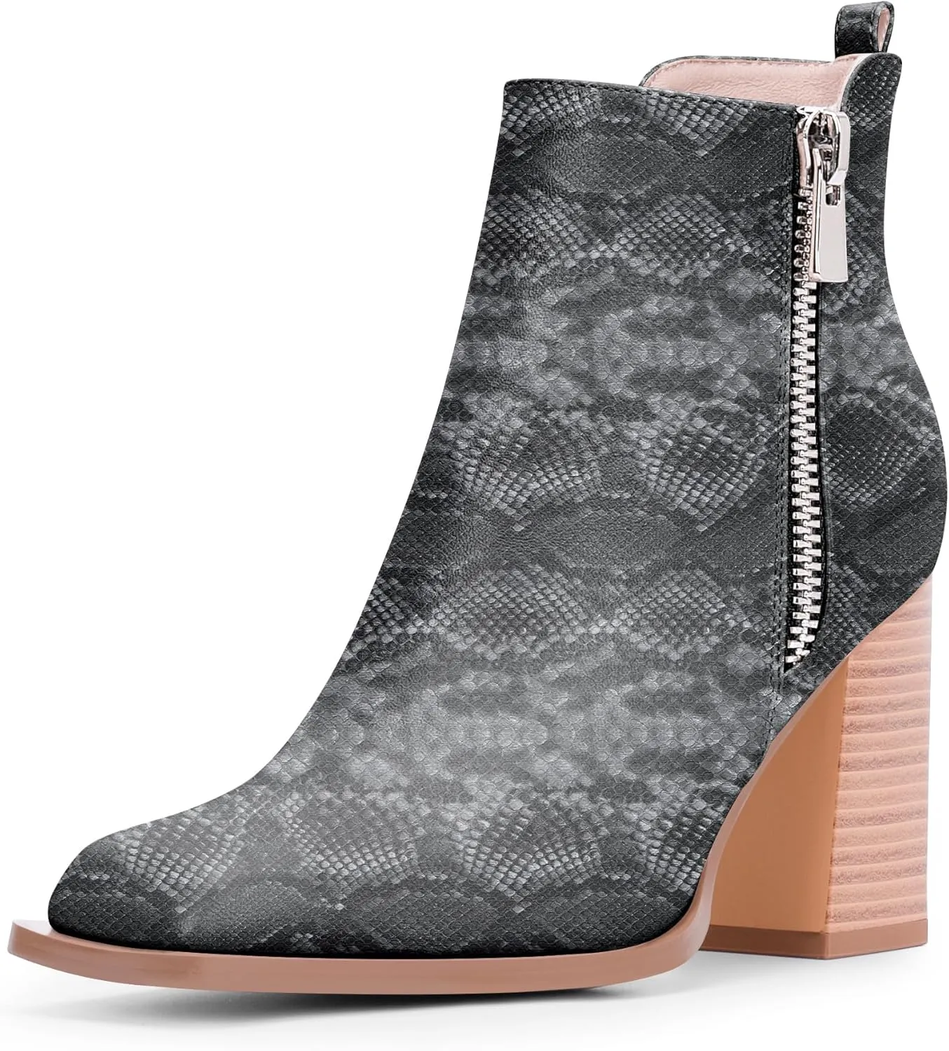 Women's Chunky High Heel Ankle Boots Side Zipper Square Toe Dress Booties