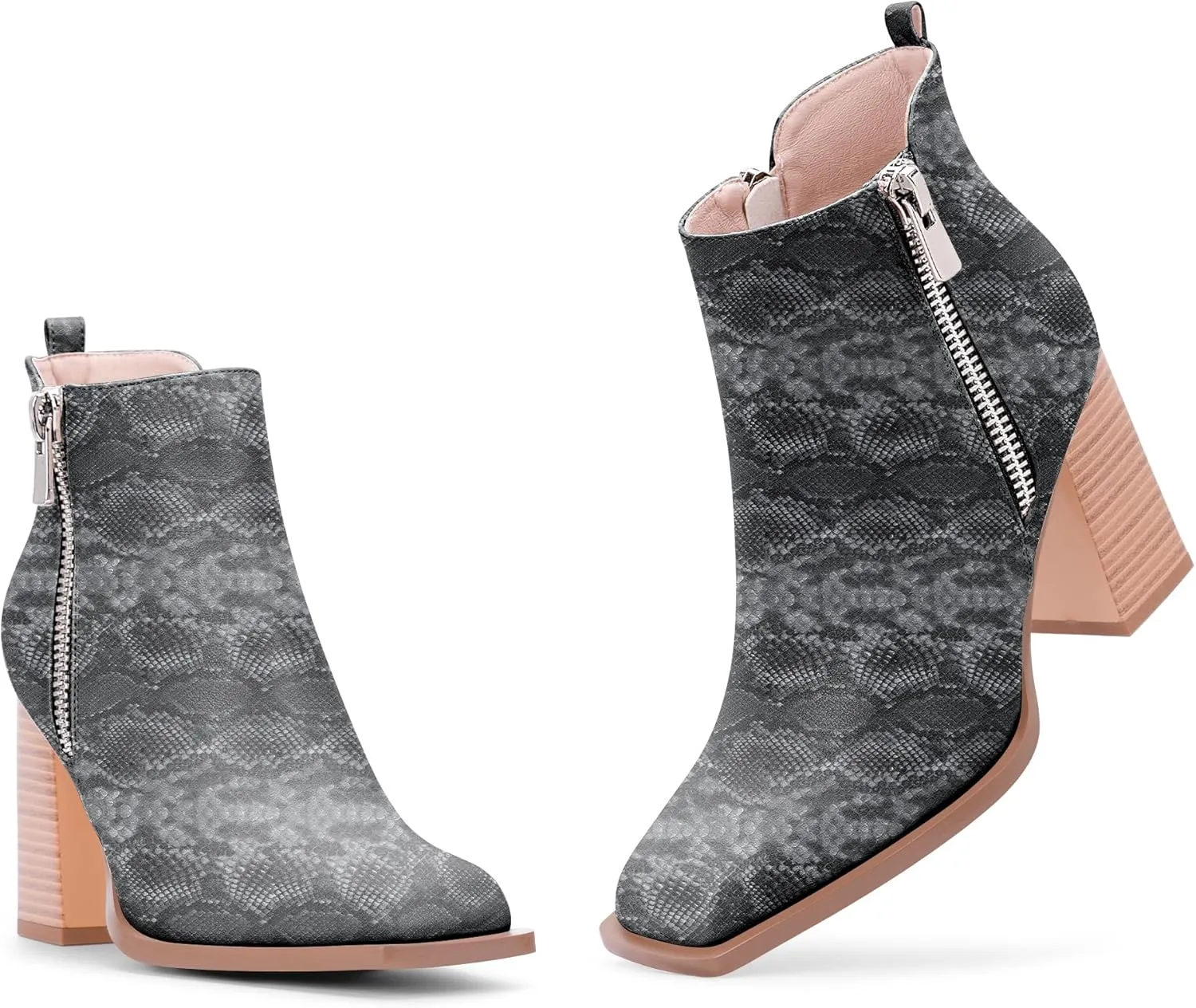 Women's Chunky High Heel Ankle Boots Side Zipper Square Toe Dress Booties