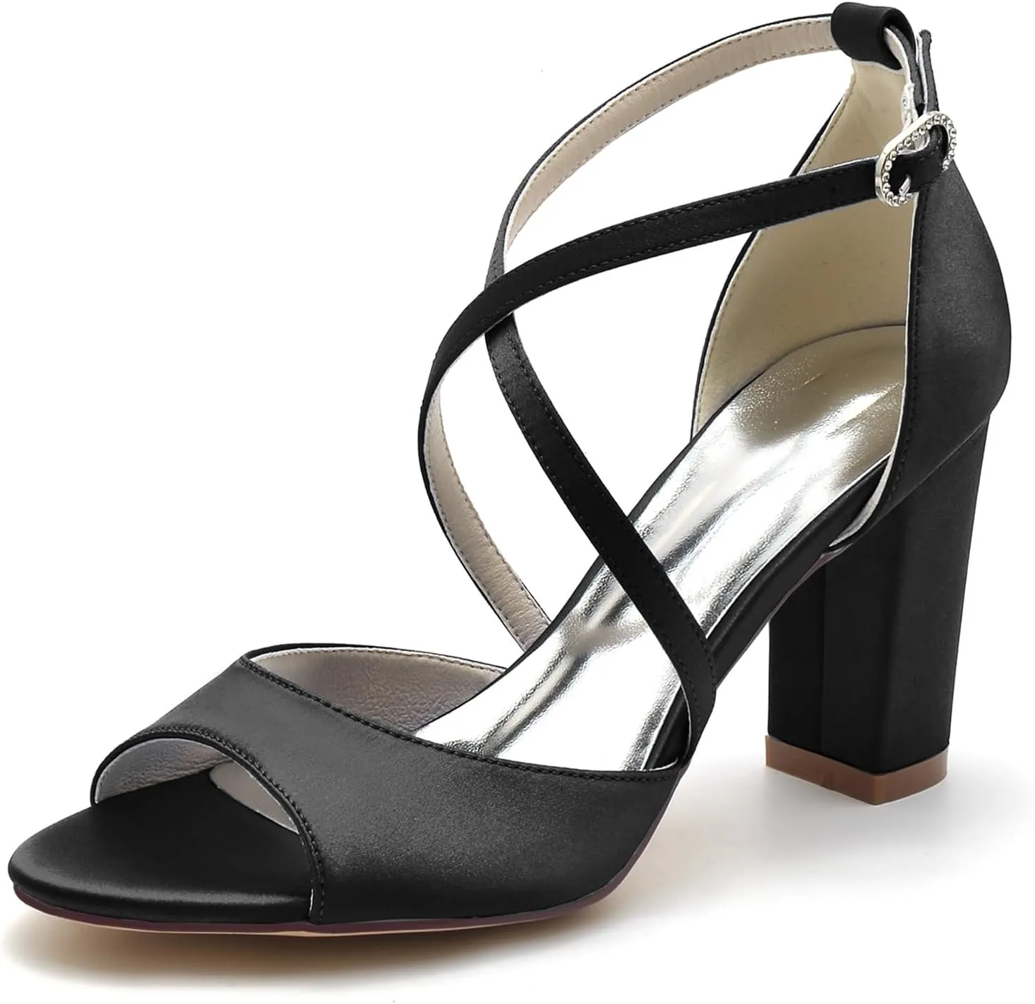 Women's Closed Toe Cross Strap Wedding Shoes for Bride Block Heel Bridal Shoes Satin Prom Party Dress Pumps
