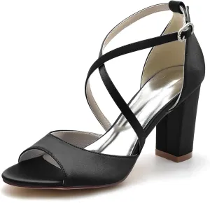 Women's Closed Toe Cross Strap Wedding Shoes for Bride Block Heel Bridal Shoes Satin Prom Party Dress Pumps