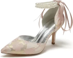 Womens Closed Toe Stiletto High Heels Wedding Shoes for Bride Pointed Toe Pearl Pumps Bridal Shoes Bowknot Strap Sandals Evening Dress Floral Satin,Pink,11.5
