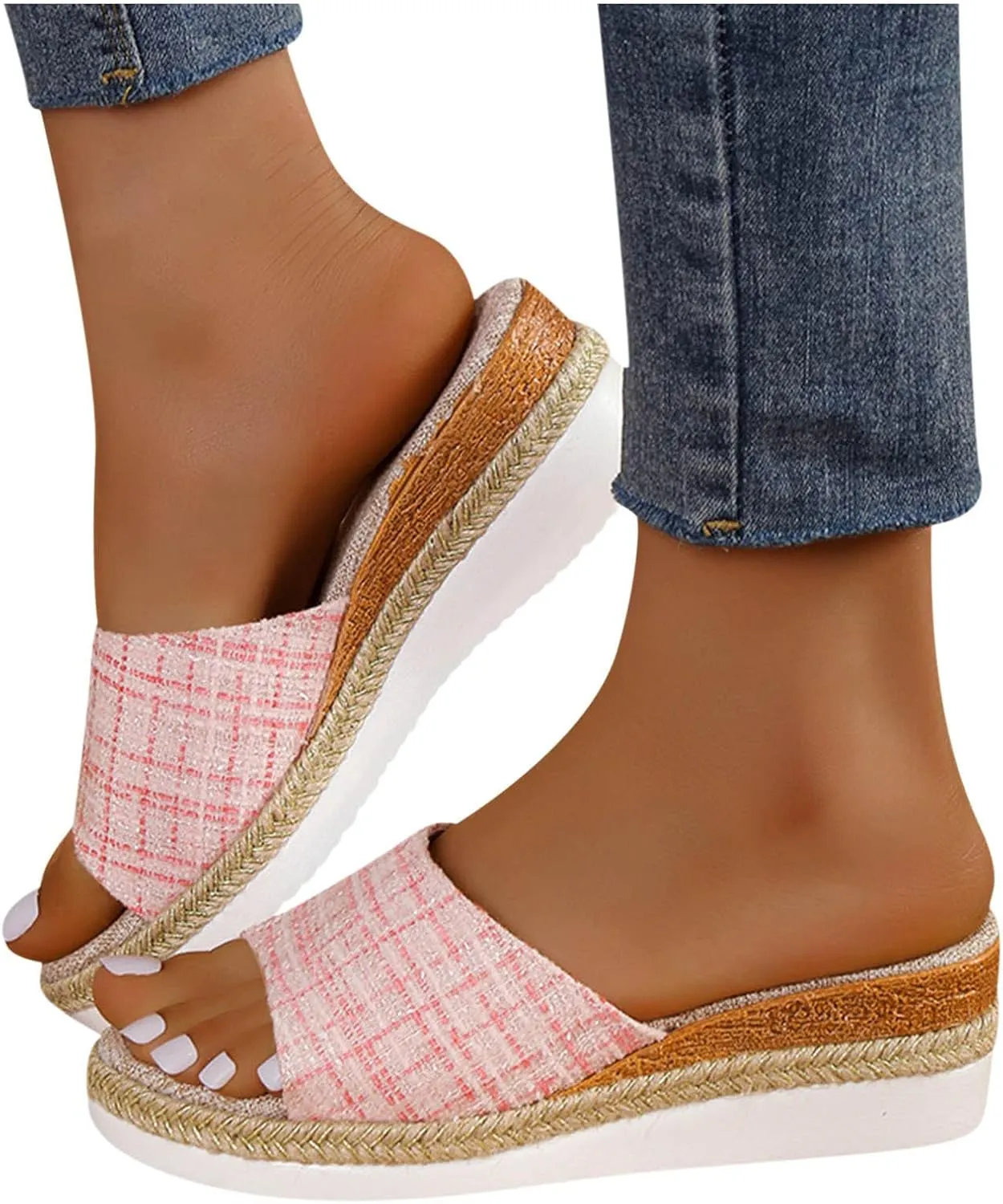 Women's Colorblock Plaid Slipper Platform Wedge Slip on Sandals Summer Spring Slide Elegant Trendy Shoe