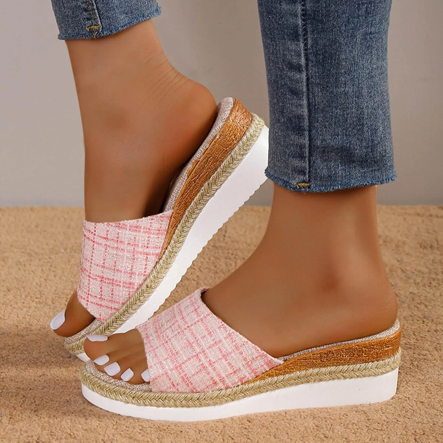 Women's Colorblock Plaid Slipper Platform Wedge Slip on Sandals Summer Spring Slide Elegant Trendy Shoe