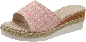 Women's Colorblock Plaid Slipper Platform Wedge Slip on Sandals Summer Spring Slide Elegant Trendy Shoe