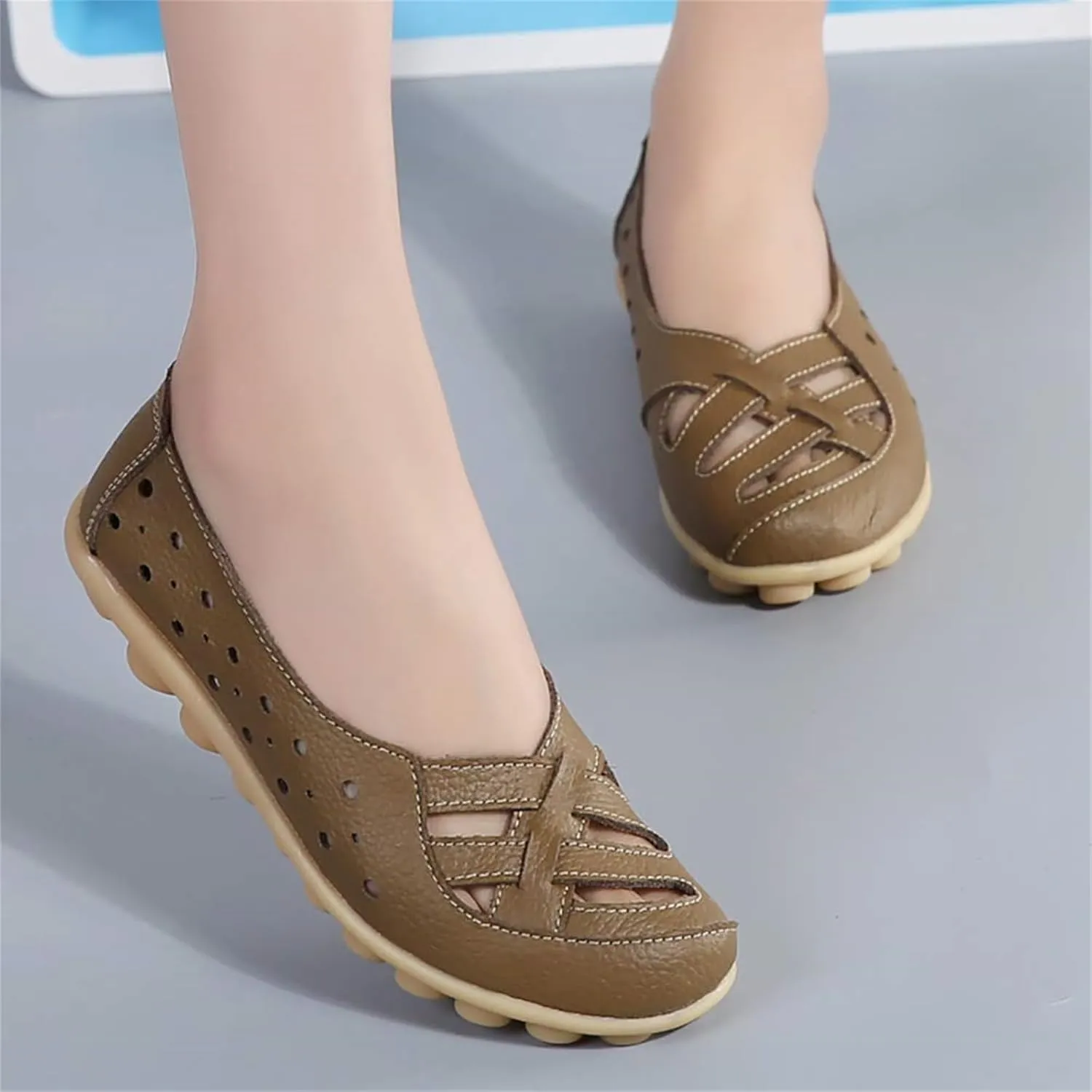Women's Cowhide Leather Shoes Loafer Casual Slip On Shoe Driving Moccasins Closed Toe Boat Flats Walking Sandals