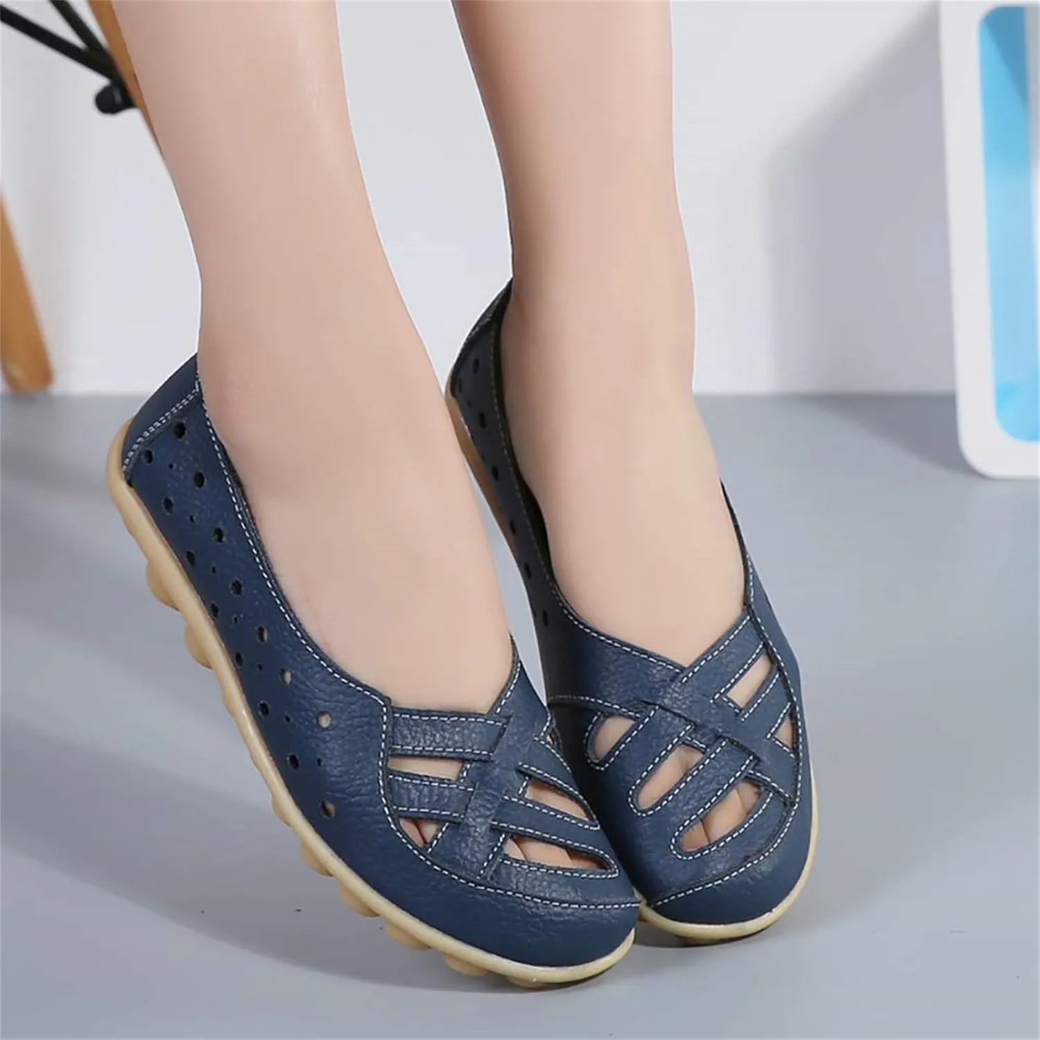 Women's Cowhide Leather Shoes Loafer Casual Slip On Shoe Driving Moccasins Closed Toe Boat Flats Walking Sandals
