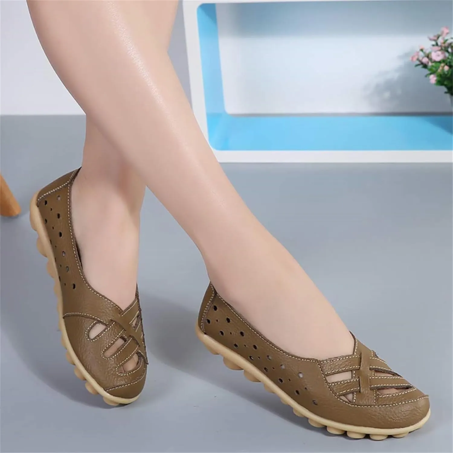 Women's Cowhide Leather Shoes Loafer Casual Slip On Shoe Driving Moccasins Closed Toe Boat Flats Walking Sandals