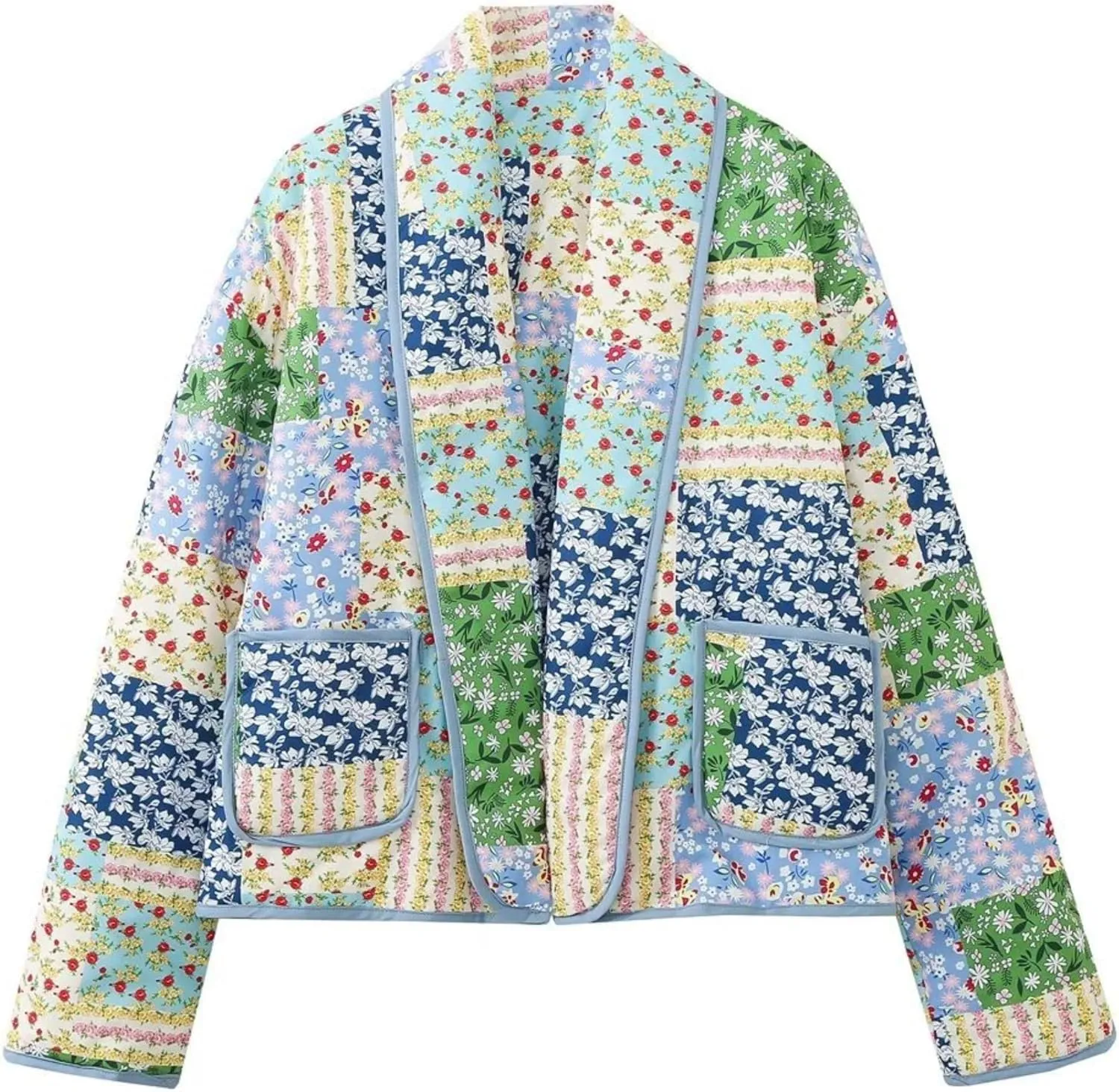 Womens Cropped Quilted Lightweight Jackets Floral Printed Open Front Puffer Coat Cardigan