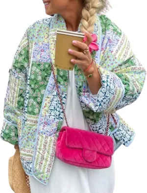 Womens Cropped Quilted Lightweight Jackets Floral Printed Open Front Puffer Coat Cardigan