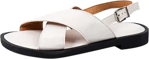 Women's Cross Stylish Sandals Hook and Eye Leather Durable Slipper Low Heel Summer Beach Flat Resort Shoe
