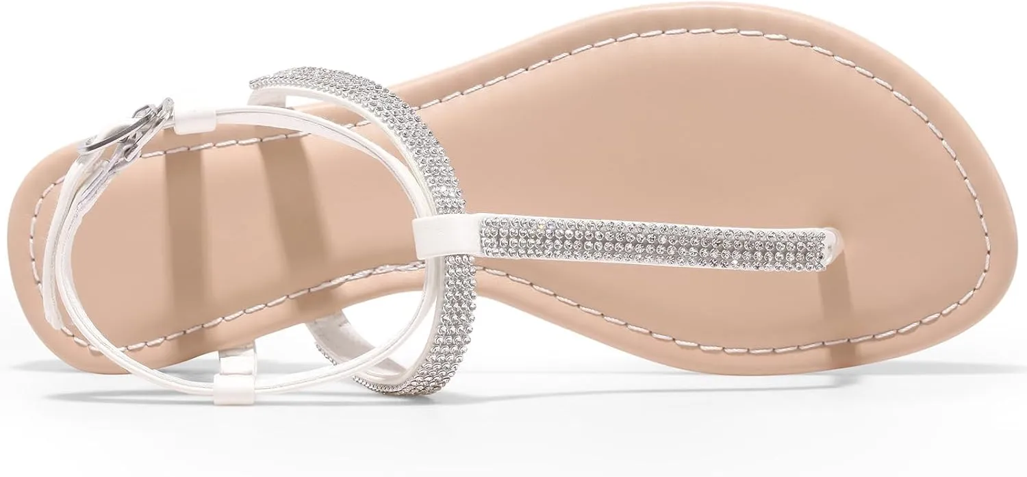 Women's Dressy Sandals Flat Glitter Comfortable Slides Rhinestone Sandals for Women Ladies Fashion Shoes