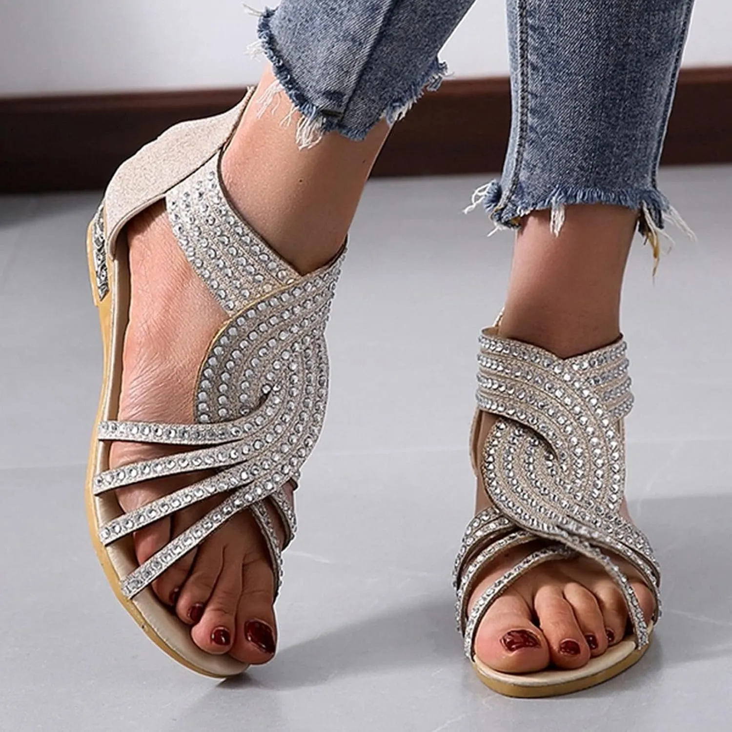 Women's Elegant Criss Cross Rhinestones Wedge Sandals Zip-Back Casual Open Toe Flat Beach Walking Sandales for Summer