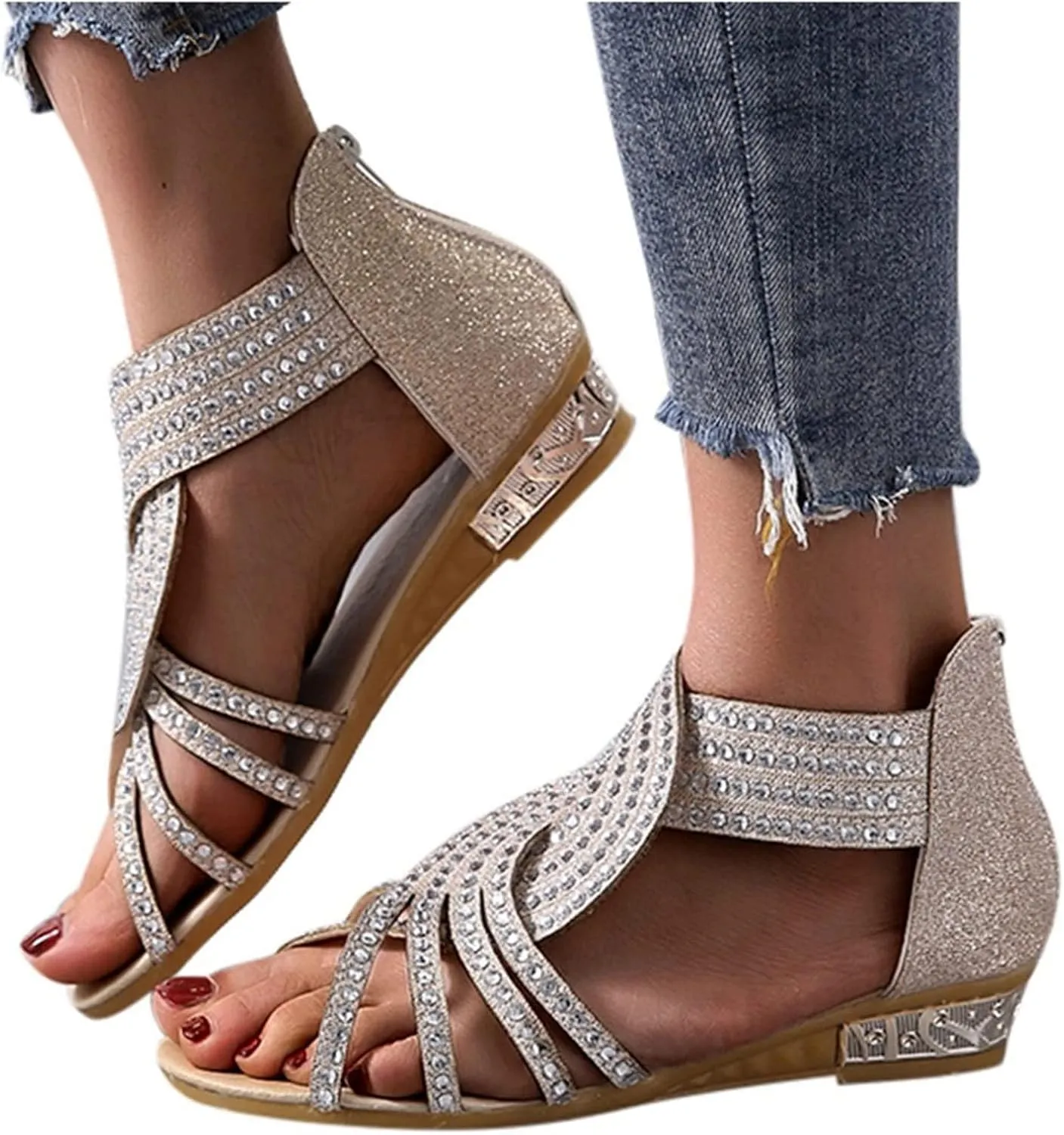Women's Elegant Criss Cross Rhinestones Wedge Sandals Zip-Back Casual Open Toe Flat Beach Walking Sandales for Summer