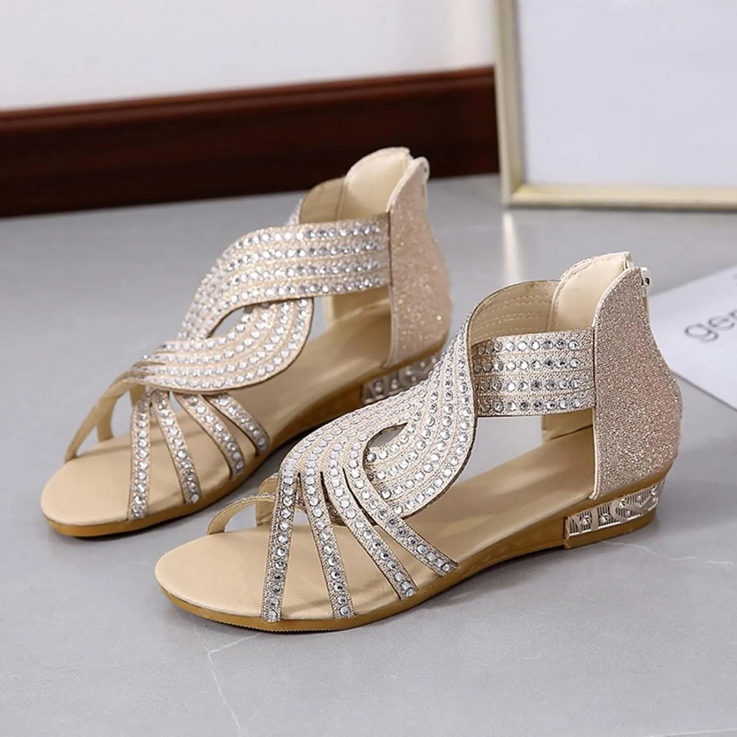 Women's Elegant Criss Cross Rhinestones Wedge Sandals Zip-Back Casual Open Toe Flat Beach Walking Sandales for Summer