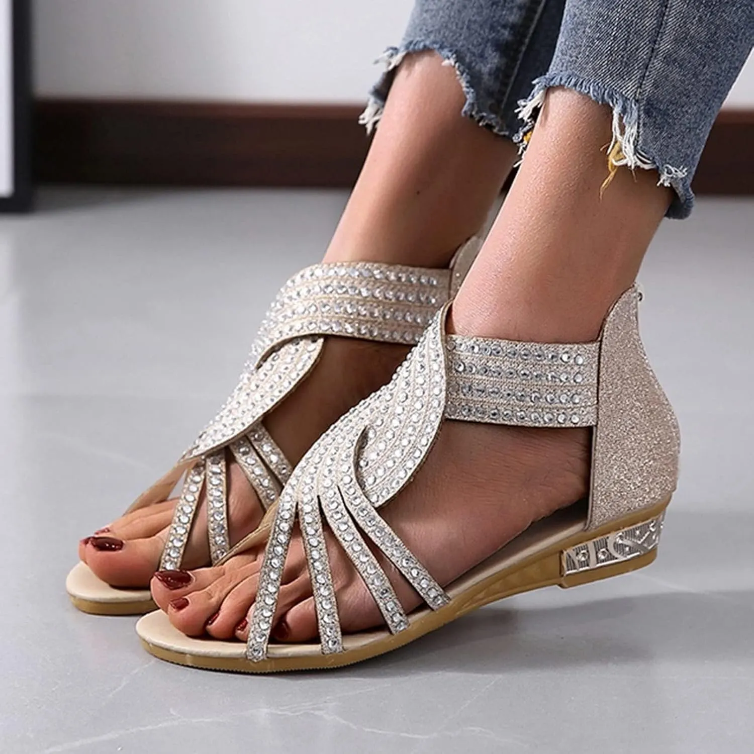 Women's Elegant Criss Cross Rhinestones Wedge Sandals Zip-Back Casual Open Toe Flat Beach Walking Sandales for Summer