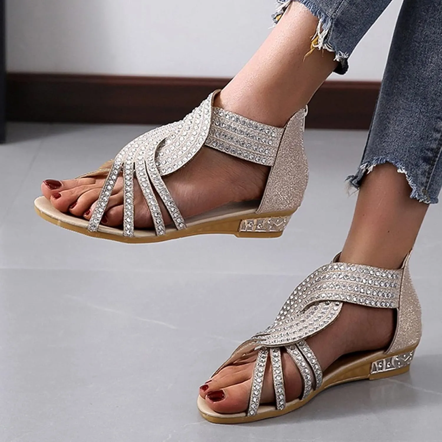 Women's Elegant Criss Cross Rhinestones Wedge Sandals Zip-Back Casual Open Toe Flat Beach Walking Sandales for Summer