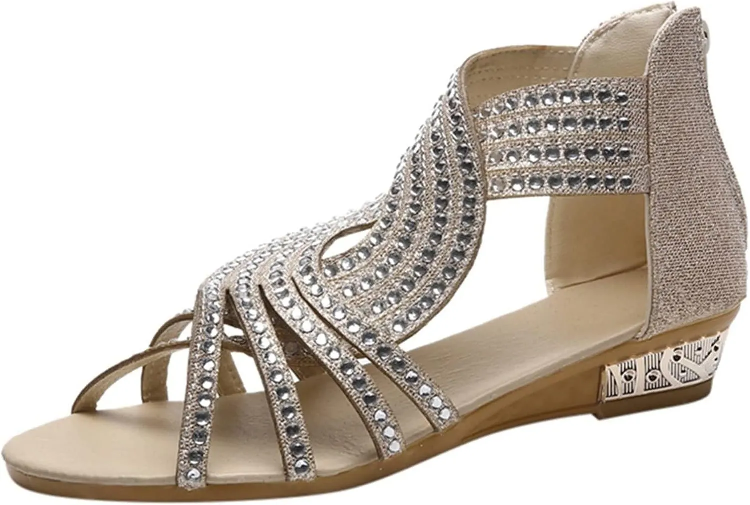 Women's Elegant Criss Cross Rhinestones Wedge Sandals Zip-Back Casual Open Toe Flat Beach Walking Sandales for Summer