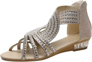 Women's Elegant Criss Cross Rhinestones Wedge Sandals Zip-Back Casual Open Toe Flat Beach Walking Sandales for Summer