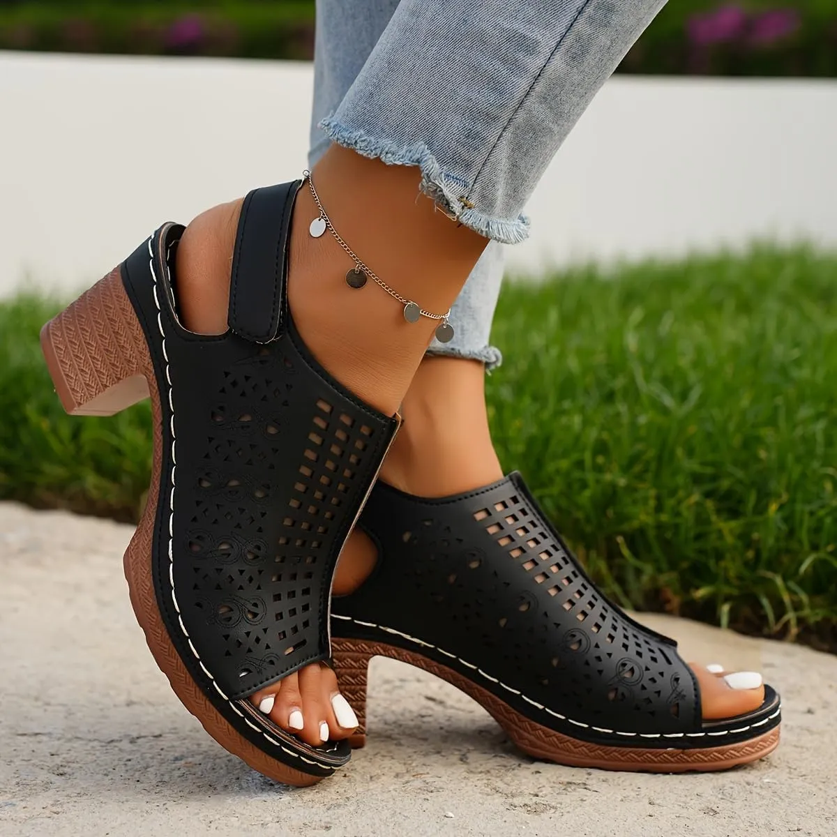 Women's Elegant High Heel Sandals, Fashion Hollow Out Design Peep Toe Chunky Heels, Casual Summer Outdoor Sandals