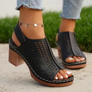 Women's Elegant High Heel Sandals, Fashion Hollow Out Design Peep Toe Chunky Heels, Casual Summer Outdoor Sandals