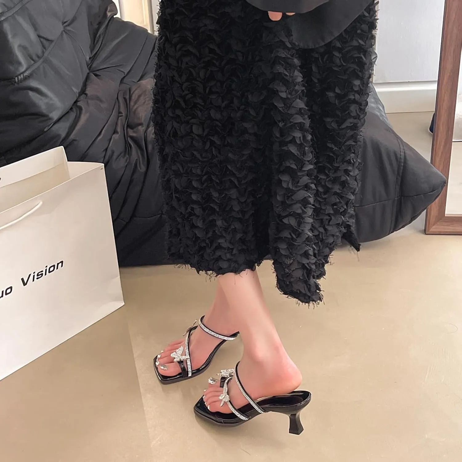 Women's Elegant Rhinestone Butterfly Toe Loop Heeled Sandals Fashion Open Square Toe Kitten Heel Slingback Slip On Pumps Summer Prom Wedding Party Dress Shoes