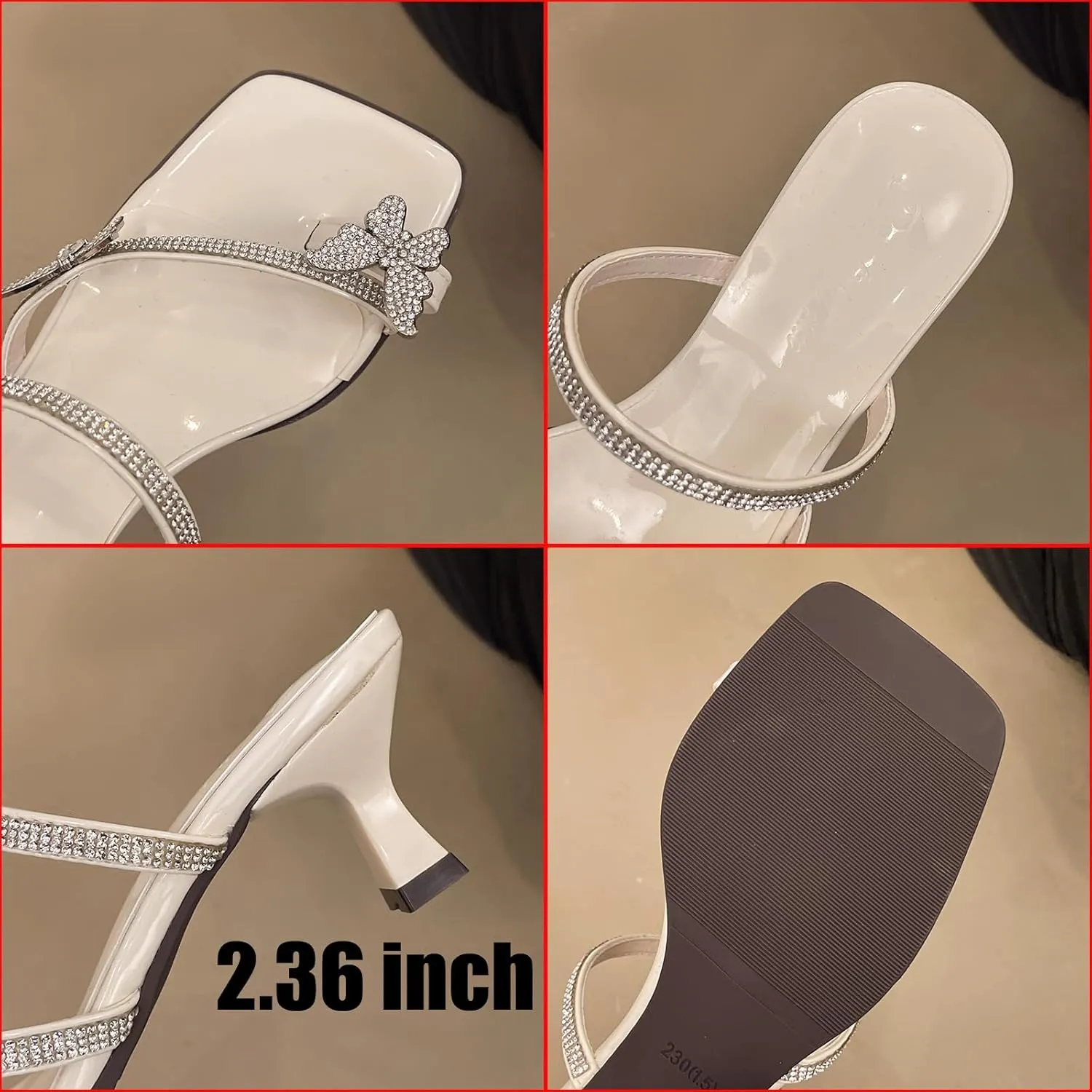 Women's Elegant Rhinestone Butterfly Toe Loop Heeled Sandals Fashion Open Square Toe Kitten Heel Slingback Slip On Pumps Summer Prom Wedding Party Dress Shoes