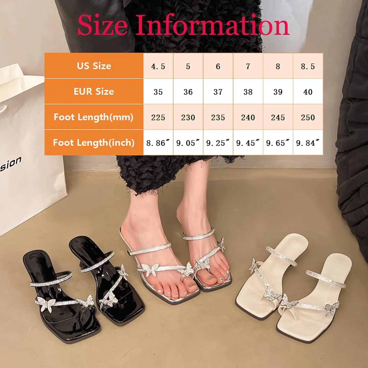 Women's Elegant Rhinestone Butterfly Toe Loop Heeled Sandals Fashion Open Square Toe Kitten Heel Slingback Slip On Pumps Summer Prom Wedding Party Dress Shoes