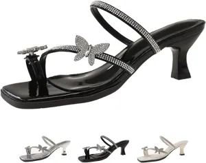 Women's Elegant Rhinestone Butterfly Toe Loop Heeled Sandals Fashion Open Square Toe Kitten Heel Slingback Slip On Pumps Summer Prom Wedding Party Dress Shoes