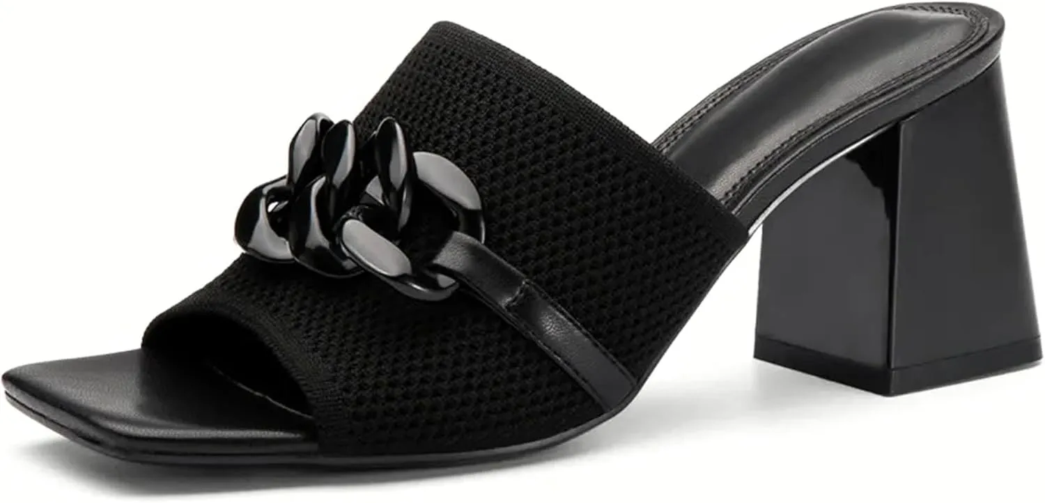 Women's Elegant Square Toe Chain Heeled Sandals Pump Shoes