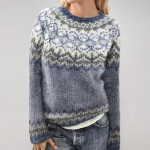 Womens Fair Isle Knitted Sweaters Vintage Floral Icelandic Crew Neck Knit Pullover Sweater Long Sleeve Fall Winter Pullover