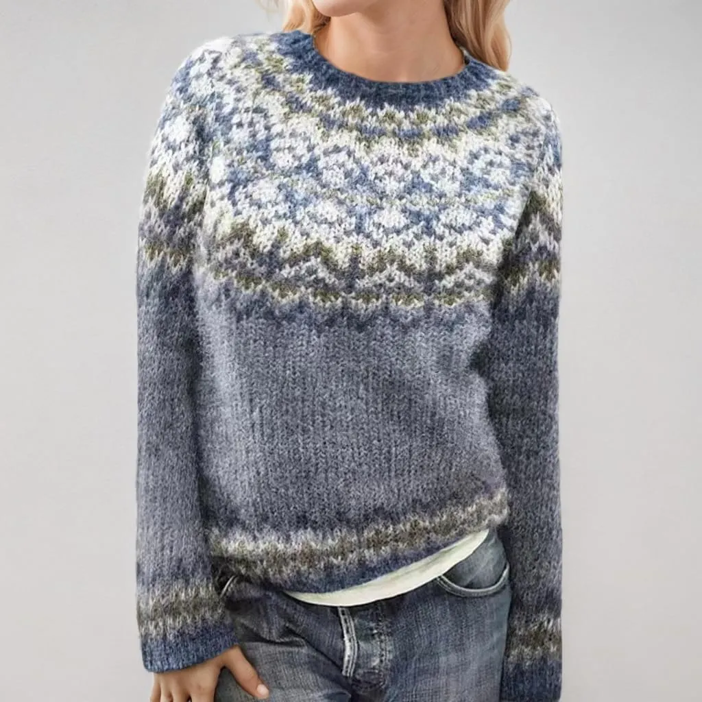 Womens Fair Isle Knitted Sweaters Vintage Floral Icelandic Crew Neck Knit Pullover Sweater Long Sleeve Fall Winter Pullover